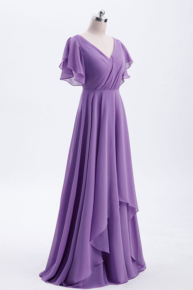 Flutter Sleeves Lavender Chiffon A-line Long Bridesmaid Dress      S3493