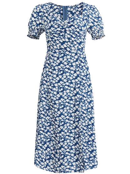 2025 Summer New French Square Neck Blue Temperament Floral Holiday Platycodon Dress R0940