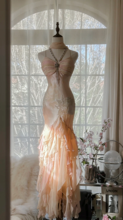 Vintage Mermaid Beaded Floral Design Romantic Chiffon Evening Dress Prom Dress TP4014