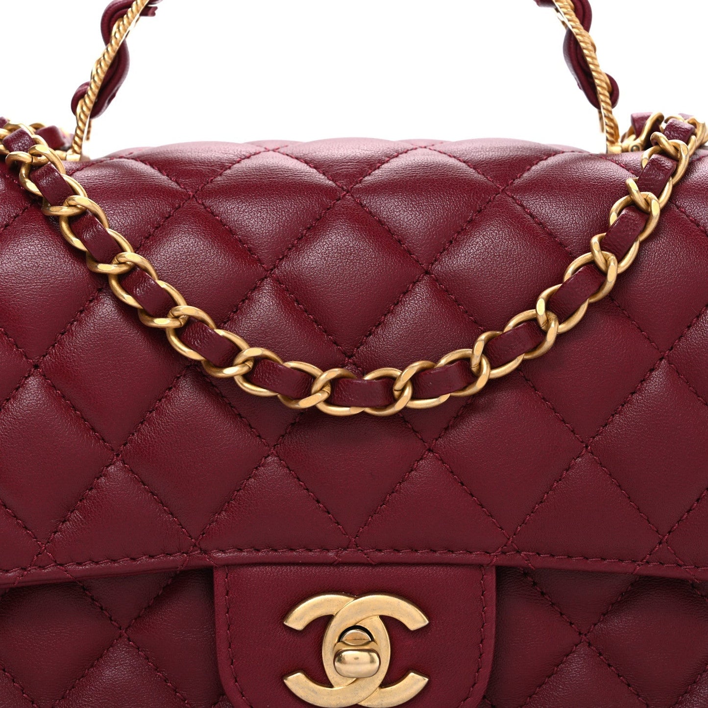 Lambskin Quilted Medium Metal Top Handle Rectangular Flap Burgundy