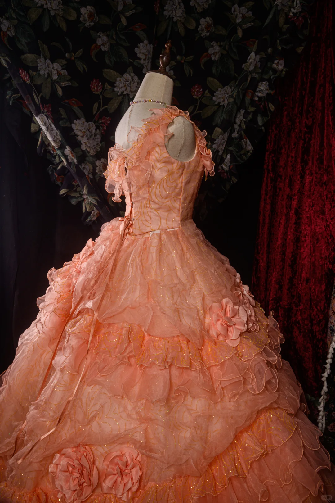 Vintage-Inspired Peach Pink Floral Ruffled Off-Shoulder Ball Gown Tiered Tulle Quinceañera Formal Dress TP5113