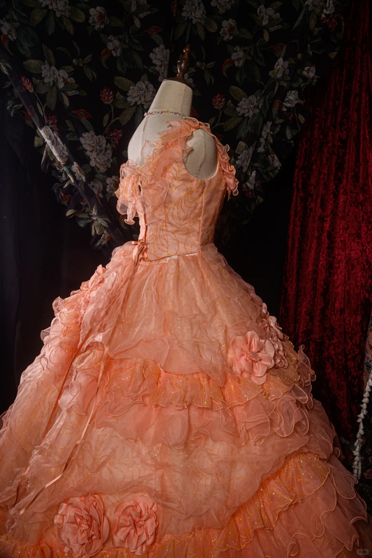 Vintage-Inspired Peach Pink Floral Ruffled Off-Shoulder Ball Gown Tiered Tulle Quinceañera Formal Dress TP5113