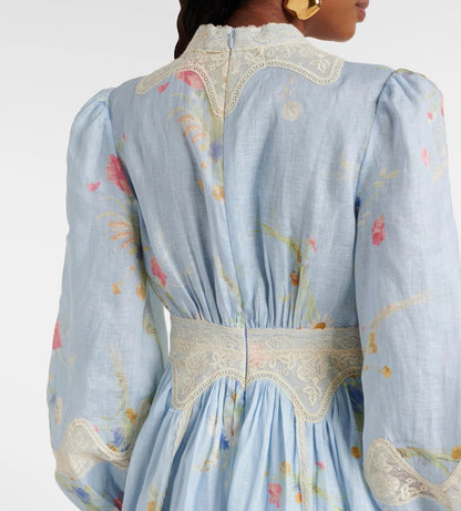 LONG-SLEEVE BLUE FLORAL DRESS