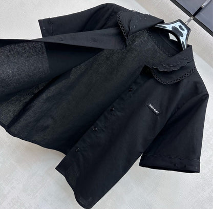 Miu SS26 Set Scalloped-Collar Shirt A-line Skirt Black Cotton Linen 351921