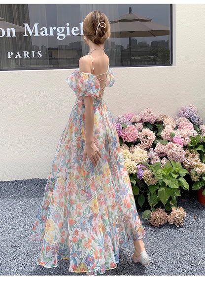 New Elegant Floral Design Puff Sleeves Princess Style Spaghetti Strap Dress TP3020