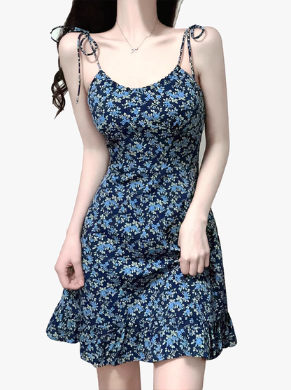 2025 Summer New Blue Floral Vacation Petite Short A-line Suspender Dress R0935