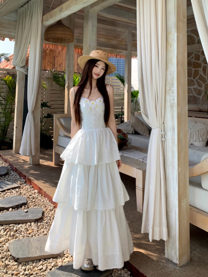 Fairy Qianjinfeng waist skirt daisy flower gentle white moonlight cake dress R1748