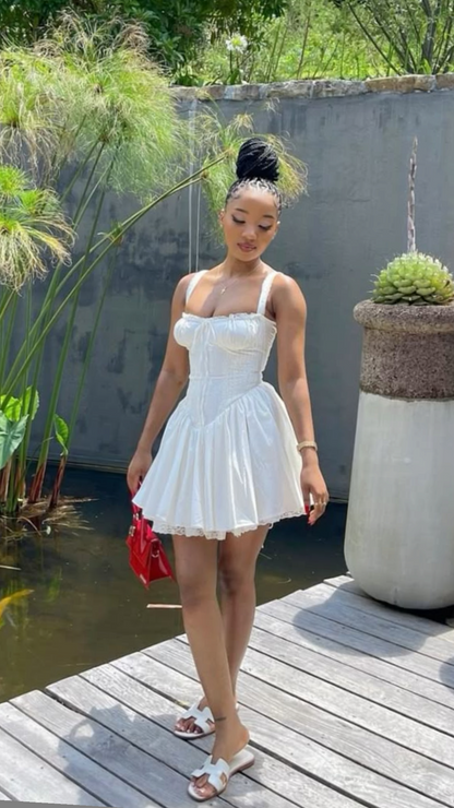 White suspender low-cut sexy A-line cute fluffy lace skirt homecoming dress R2447