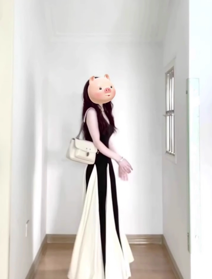 2025 new French black and white contrast suspender dress seaside holiday temperament waist A-line long skirt R0423