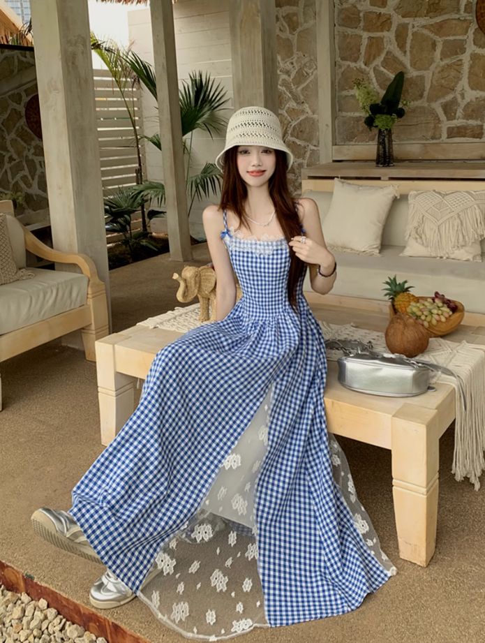 Fairy pure waist skirt suspenders plaid long skirt lace holiday style dress R1753
