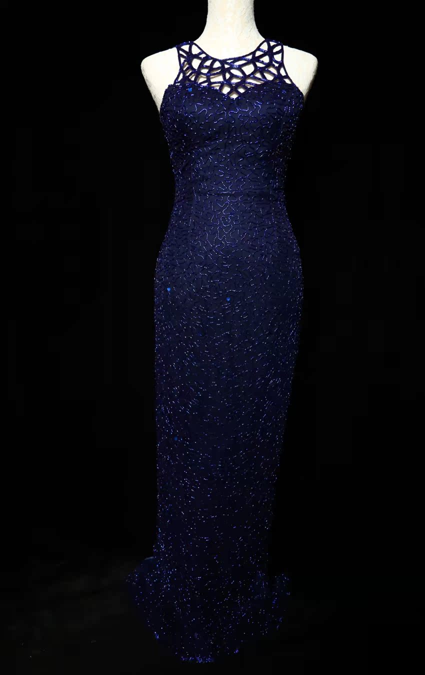 Elegant Navy Blue Sleeveless Cutout Halter Mermaid Bead Embroidered Lace Prom Dress Evening Dress P4700