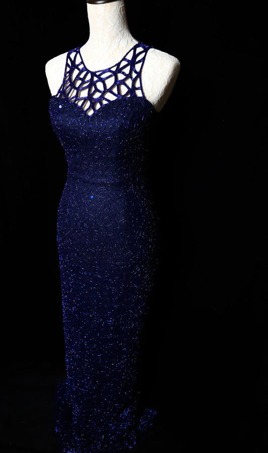 Elegant Navy Blue Sleeveless Cutout Halter Mermaid Bead Embroidered Lace Prom Dress Evening Dress P4700