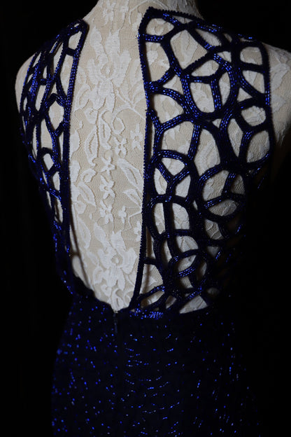 Elegant Navy Blue Sleeveless Cutout Halter Mermaid Bead Embroidered Lace Prom Dress Evening Dress P4700