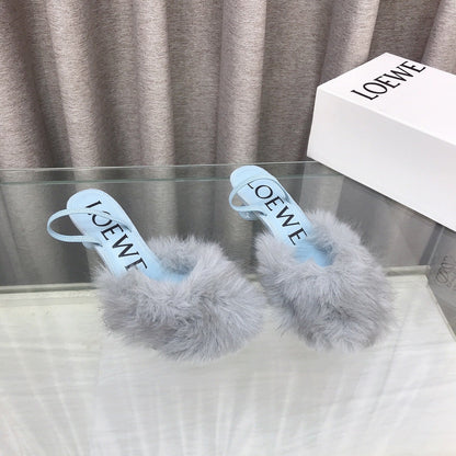 Loewe 25SS Fur-lined Mule 60 Blue in Fox Fur 597439
