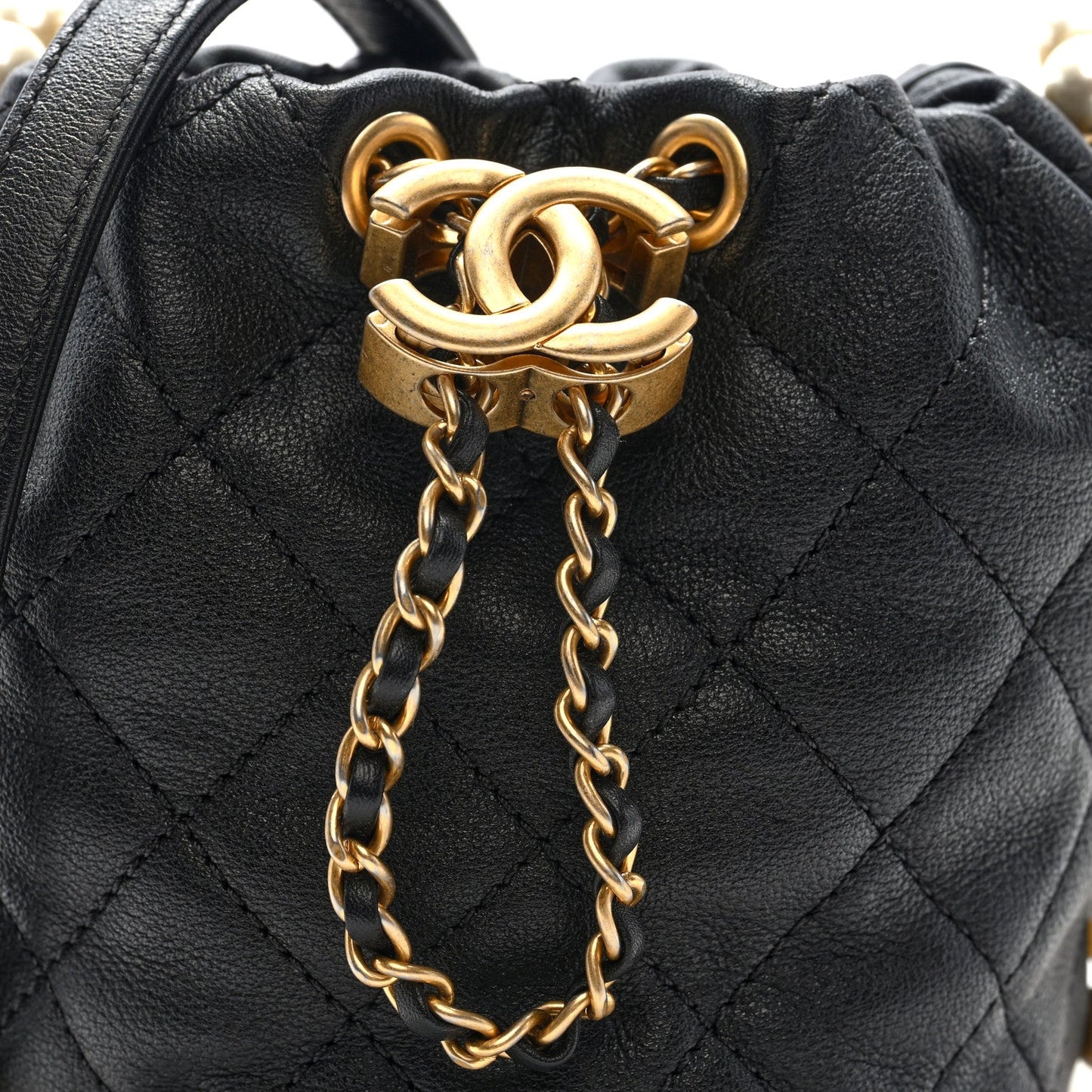 Calfskin Quilted Pearl Mini About Pearls Drawstring Bucket Bag Black