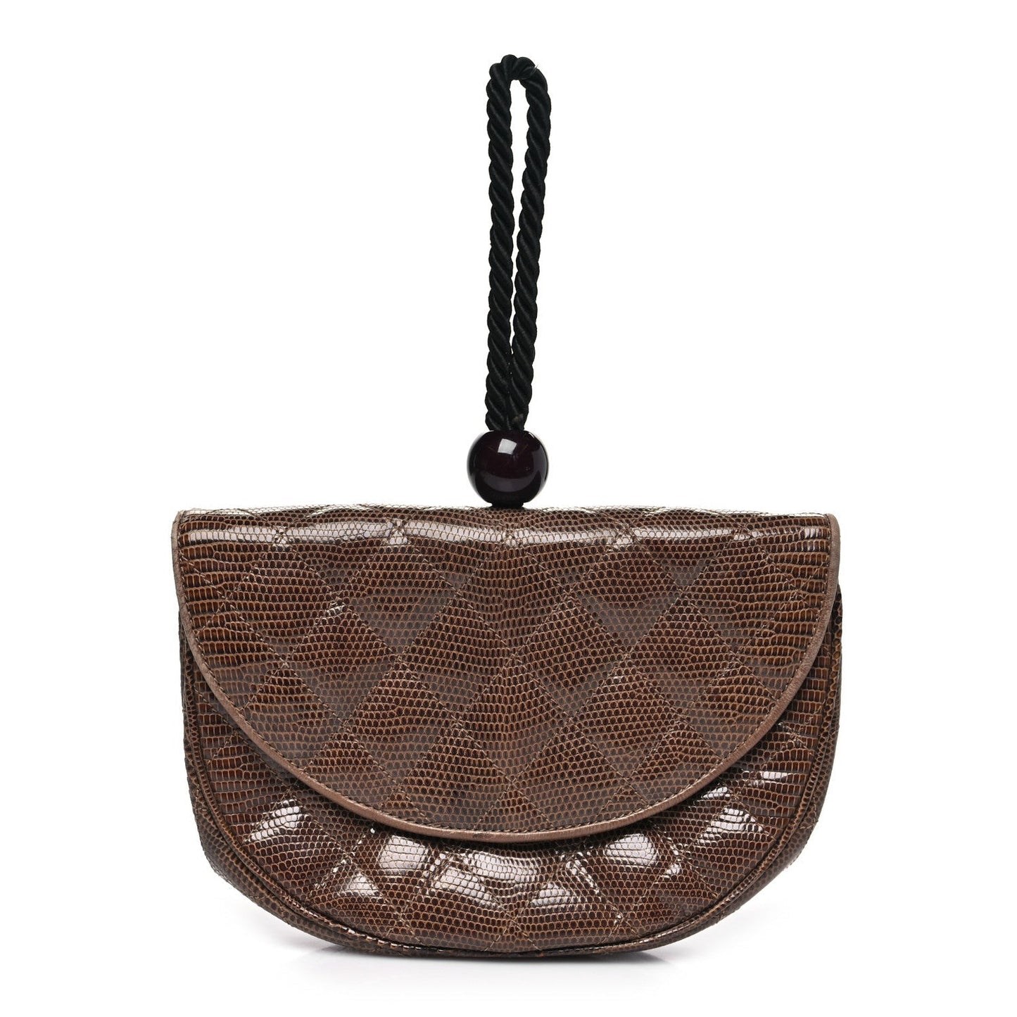 Lizard Quilted Rope Half Moon Clutch Dark Brown