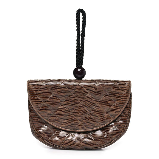 Lizard Quilted Rope Half Moon Clutch Dark Brown