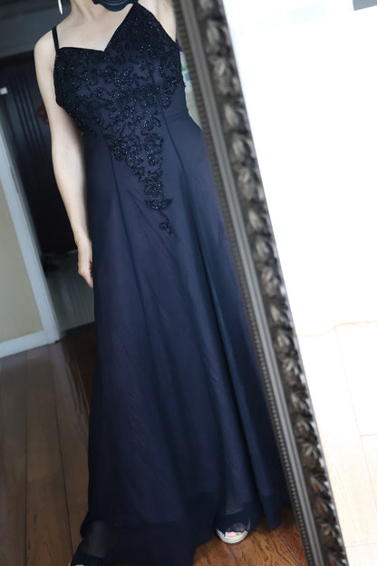Elegant Navy Blue Spaghetti Strap V-Neck Beaded Chiffon Long Prom Dress Evening Dress P4704