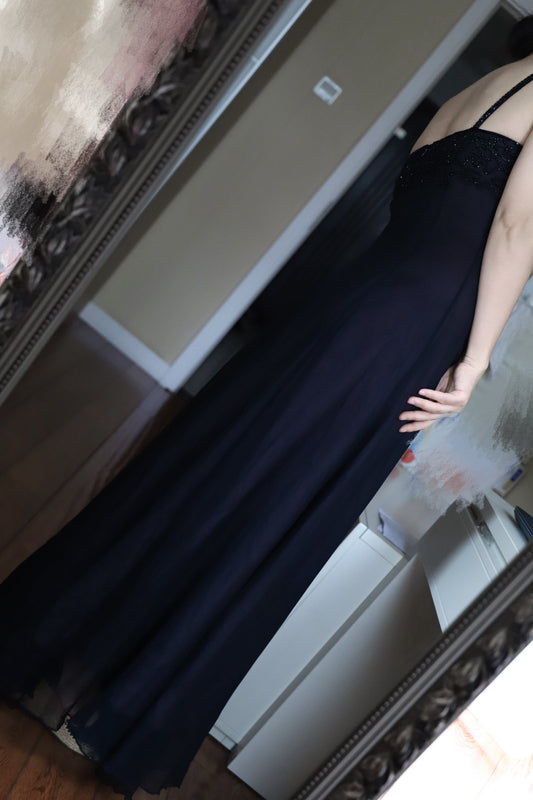 Elegant Navy Blue Spaghetti Strap V-Neck Beaded Chiffon Long Prom Dress Evening Dress P4704