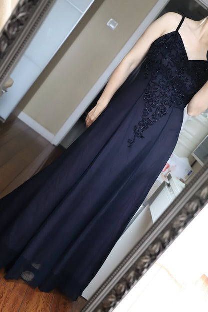 Elegant Navy Blue Spaghetti Strap V-Neck Beaded Chiffon Long Prom Dress Evening Dress P4704