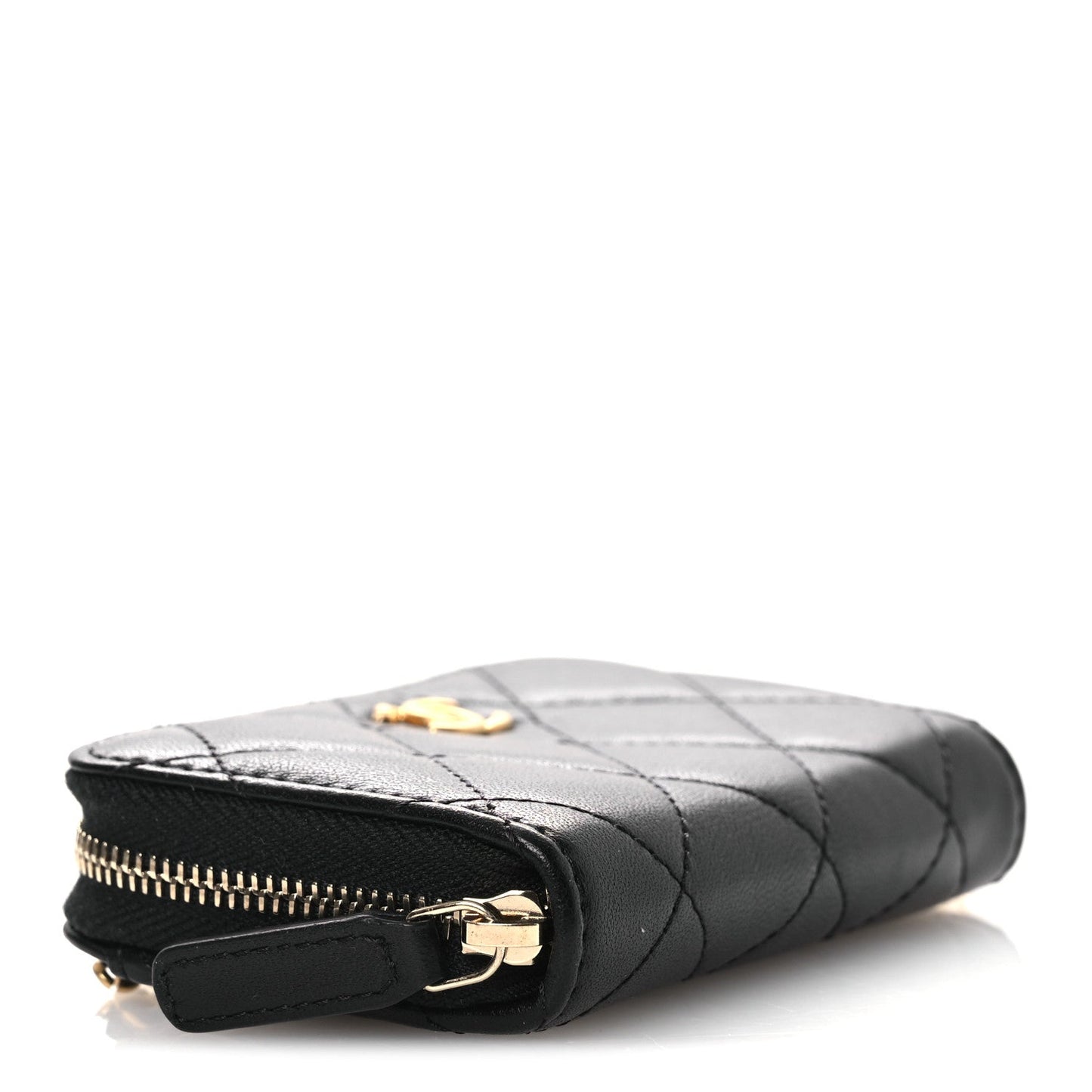 Lambskin Quilted CC Pearl Crush Zip Card Holder On Chain Black