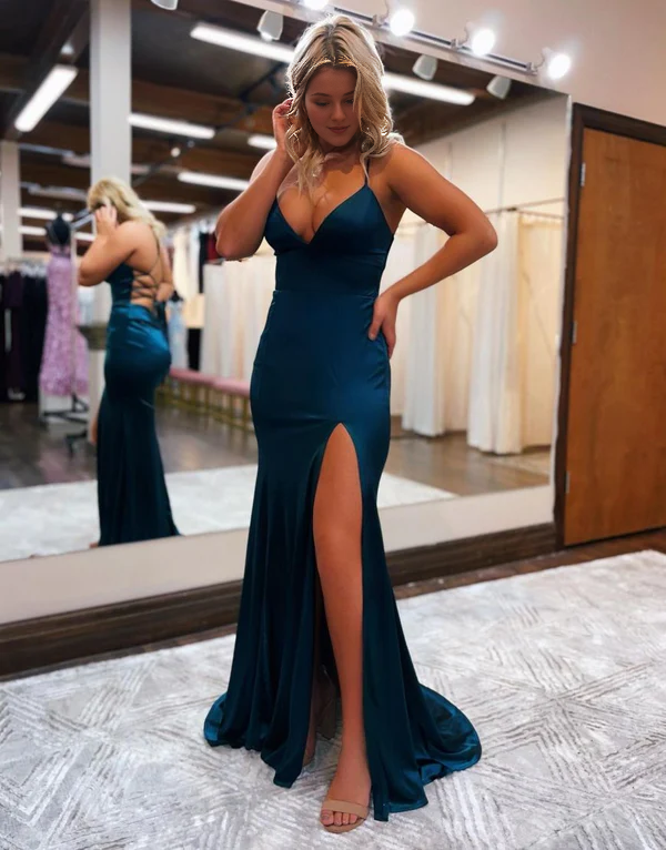 omberprom Elegant Mermaid Evening Dress Spaghetti Straps Satin Prom Dress with Slit