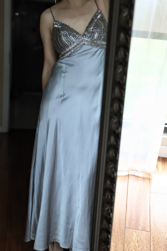 Vintage Silver-Gray Spaghetti Strap V-Neck Beaded Satin Long Prom Dress Evening Dress P4705