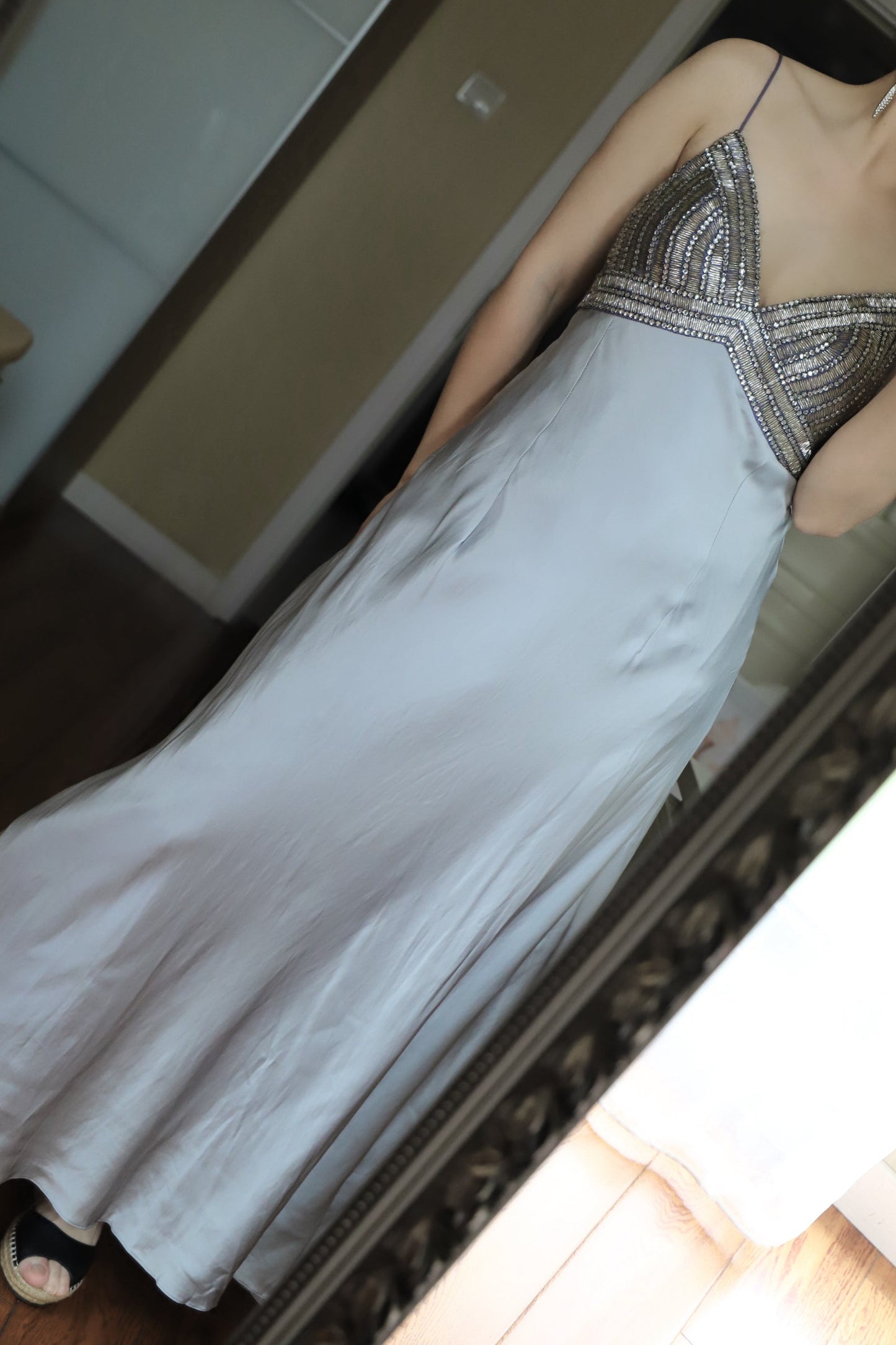 Vintage Silver-Gray Spaghetti Strap V-Neck Beaded Satin Long Prom Dress Evening Dress P4705