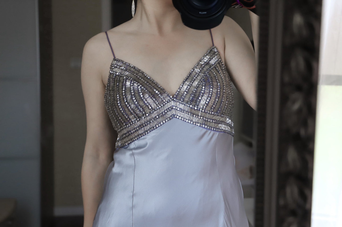 Vintage Silver-Gray Spaghetti Strap V-Neck Beaded Satin Long Prom Dress Evening Dress P4705