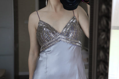 Vintage Silver-Gray Spaghetti Strap V-Neck Beaded Satin Long Prom Dress Evening Dress P4705