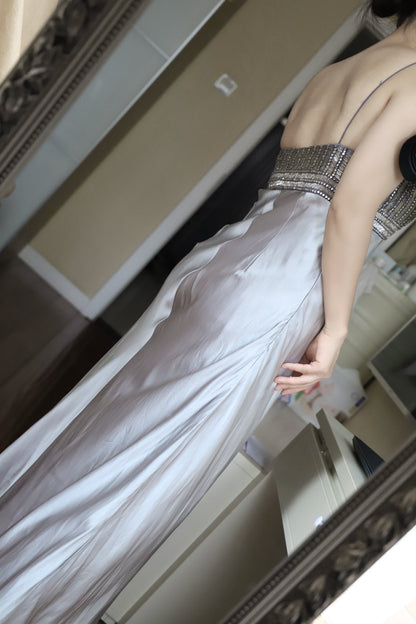 Vintage Silver-Gray Spaghetti Strap V-Neck Beaded Satin Long Prom Dress Evening Dress P4705