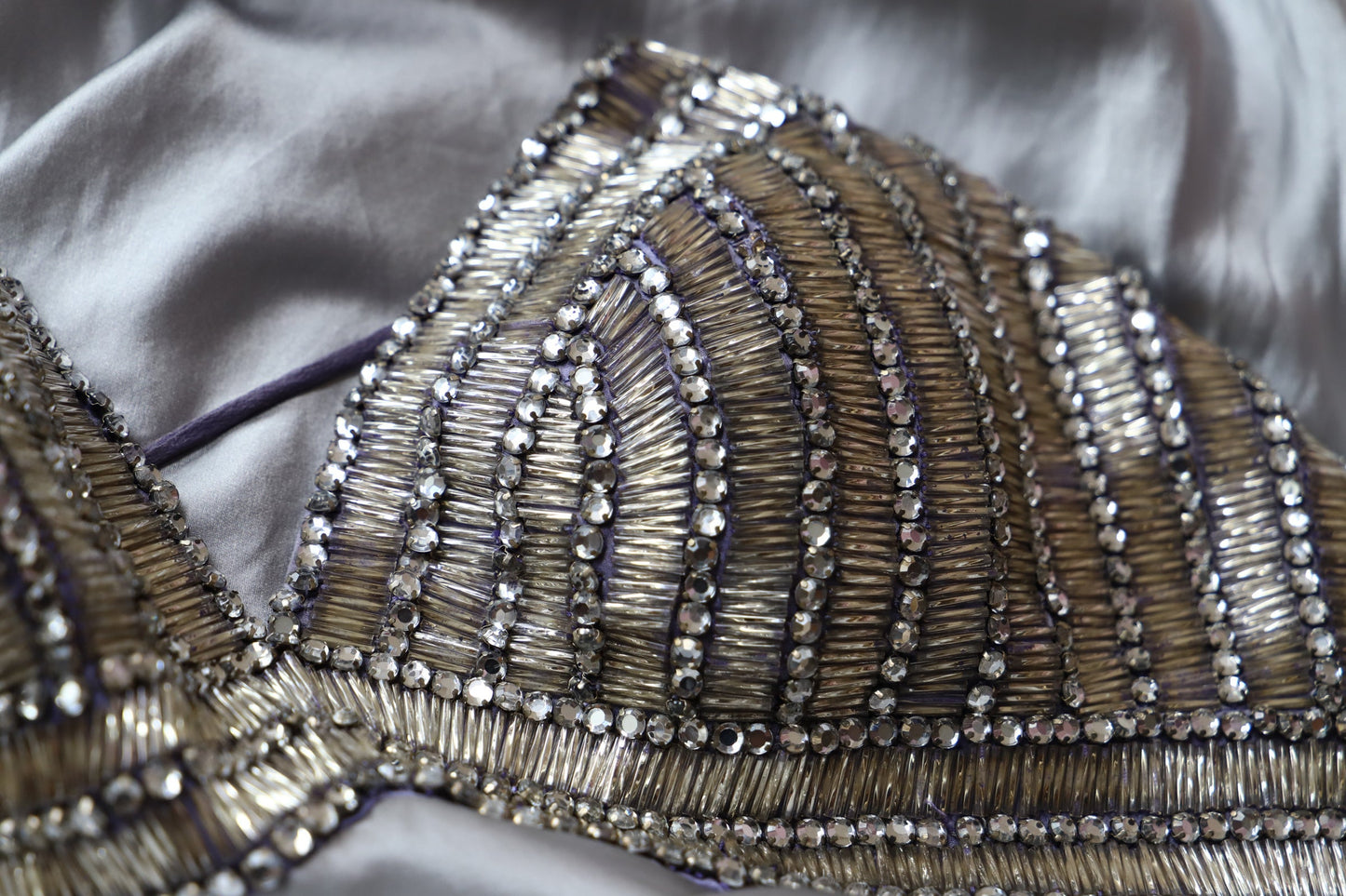 Vintage Silver-Gray Spaghetti Strap V-Neck Beaded Satin Long Prom Dress Evening Dress P4705