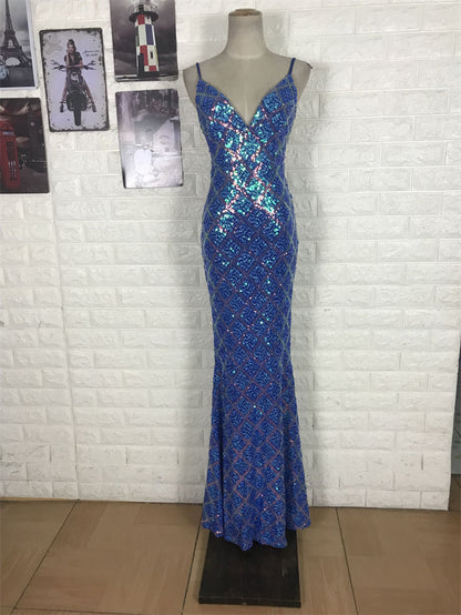 Sparkling Royal Blue Mermaid V-Neck Backless Sequin Long Prom Dress Evening Dress P4707
