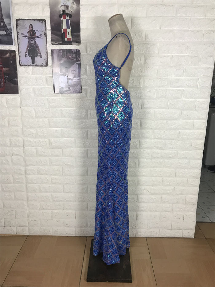 Sparkling Royal Blue Mermaid V-Neck Backless Sequin Long Prom Dress Evening Dress P4707
