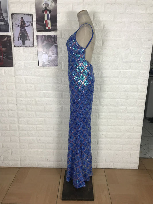 Sparkling Royal Blue Mermaid V-Neck Backless Sequin Long Prom Dress Evening Dress P4707