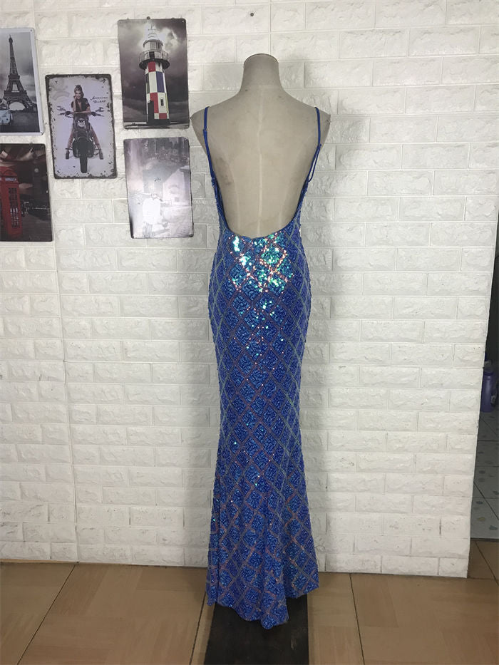 Sparkling Royal Blue Mermaid V-Neck Backless Sequin Long Prom Dress Evening Dress P4707