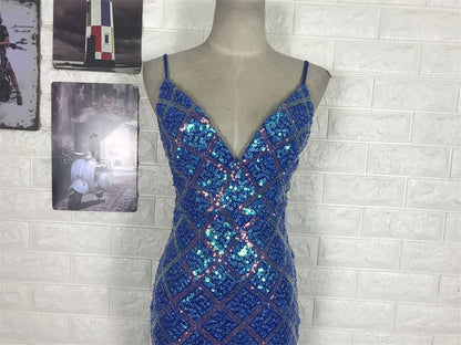 Sparkling Royal Blue Mermaid V-Neck Backless Sequin Long Prom Dress Evening Dress P4707