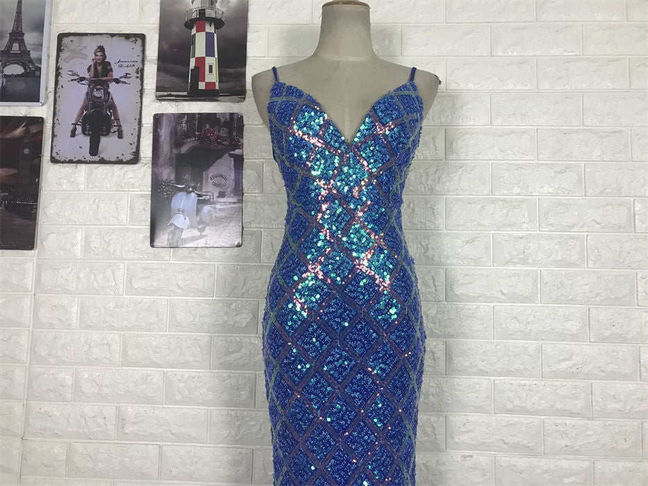 Sparkling Royal Blue Mermaid V-Neck Backless Sequin Long Prom Dress Evening Dress P4707