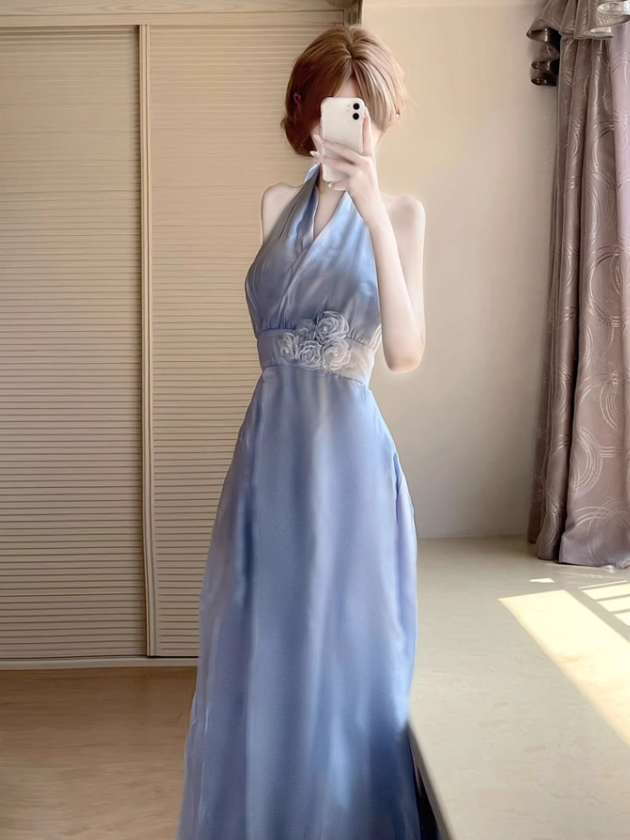 Blue V-neck halter dress for women French gentle temperament holiday style waist A-line long skirt R0427