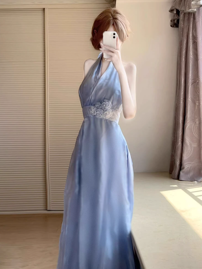 Blue V-neck halter dress for women French gentle temperament holiday style waist A-line long skirt R0427