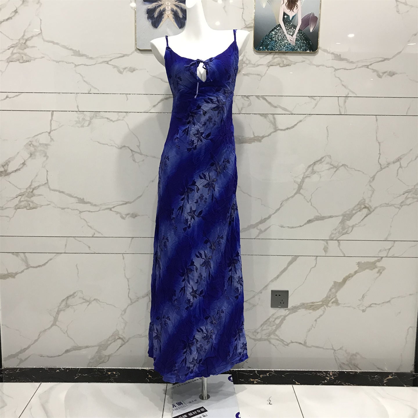 Chic Royal Blue Spaghetti Strap Printed Tie-Waist Chiffon Long Prom Dress Evening Dress P4708