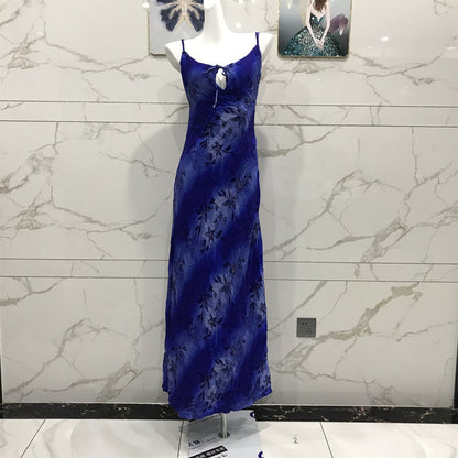 Chic Royal Blue Spaghetti Strap Printed Tie-Waist Chiffon Long Prom Dress Evening Dress P4708