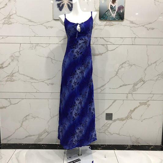 Chic Royal Blue Spaghetti Strap Printed Tie-Waist Chiffon Long Prom Dress Evening Dress P4708