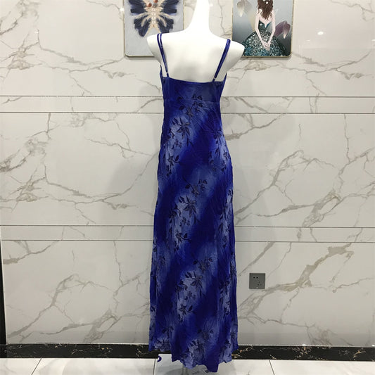 Chic Royal Blue Spaghetti Strap Printed Tie-Waist Chiffon Long Prom Dress Evening Dress P4708