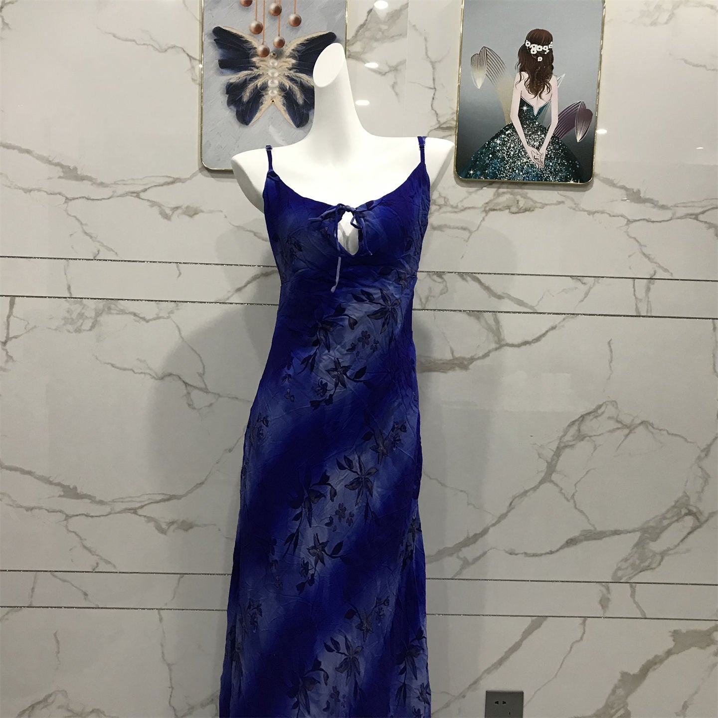 Chic Royal Blue Spaghetti Strap Printed Tie-Waist Chiffon Long Prom Dress Evening Dress P4708
