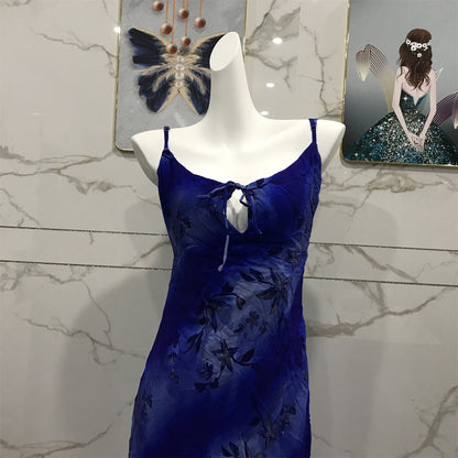 Chic Royal Blue Spaghetti Strap Printed Tie-Waist Chiffon Long Prom Dress Evening Dress P4708