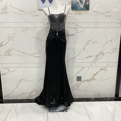 Vintage Black Spaghetti Strap Mermaid Rhinestone-Embellished Velvet Long Prom Dress Evening Dress P4709