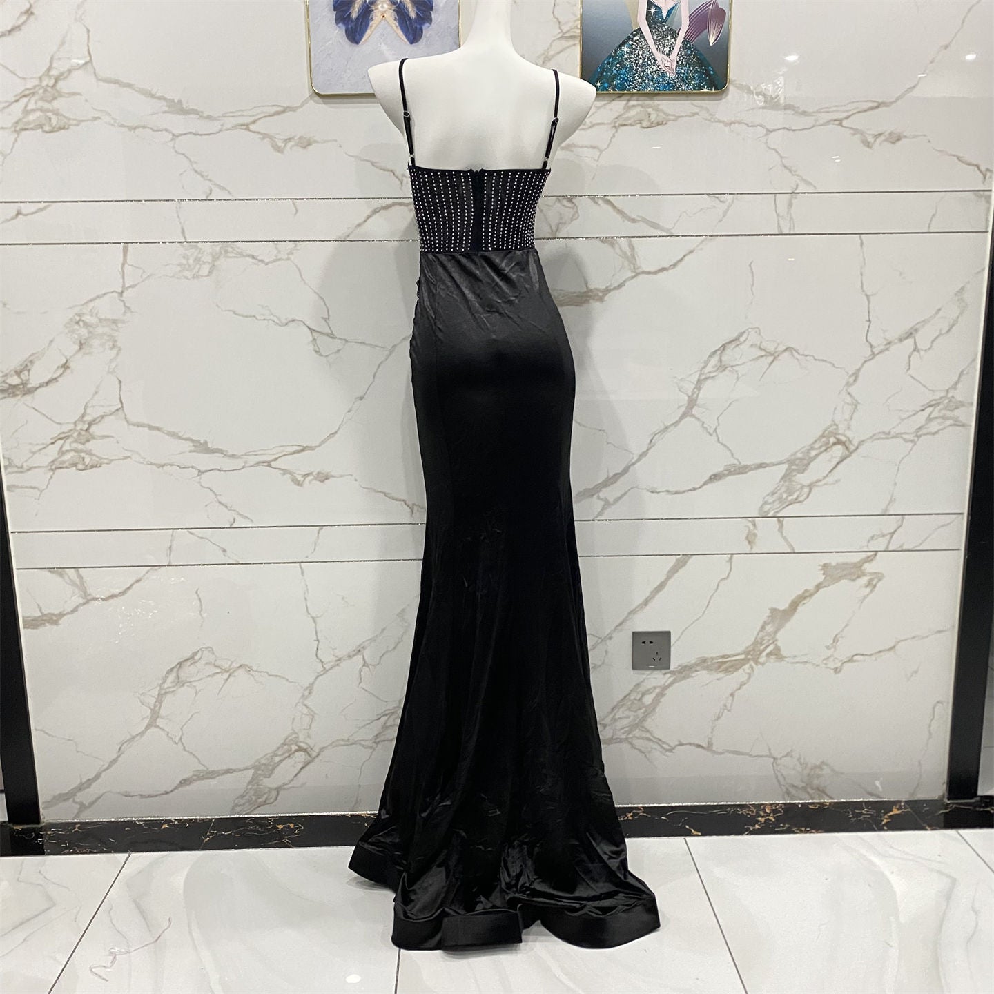 Vintage Black Spaghetti Strap Mermaid Rhinestone-Embellished Velvet Long Prom Dress Evening Dress P4709