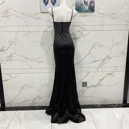 Vintage Black Spaghetti Strap Mermaid Rhinestone-Embellished Velvet Long Prom Dress Evening Dress P4709