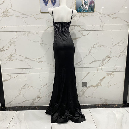 Vintage Black Spaghetti Strap Mermaid Rhinestone-Embellished Velvet Long Prom Dress Evening Dress P4709